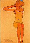 Nude woman hair-dressing by Egon Schiele